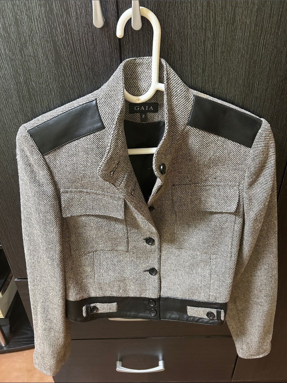 GAIA Gray Tweed Military-Style Jacket with Black Trim